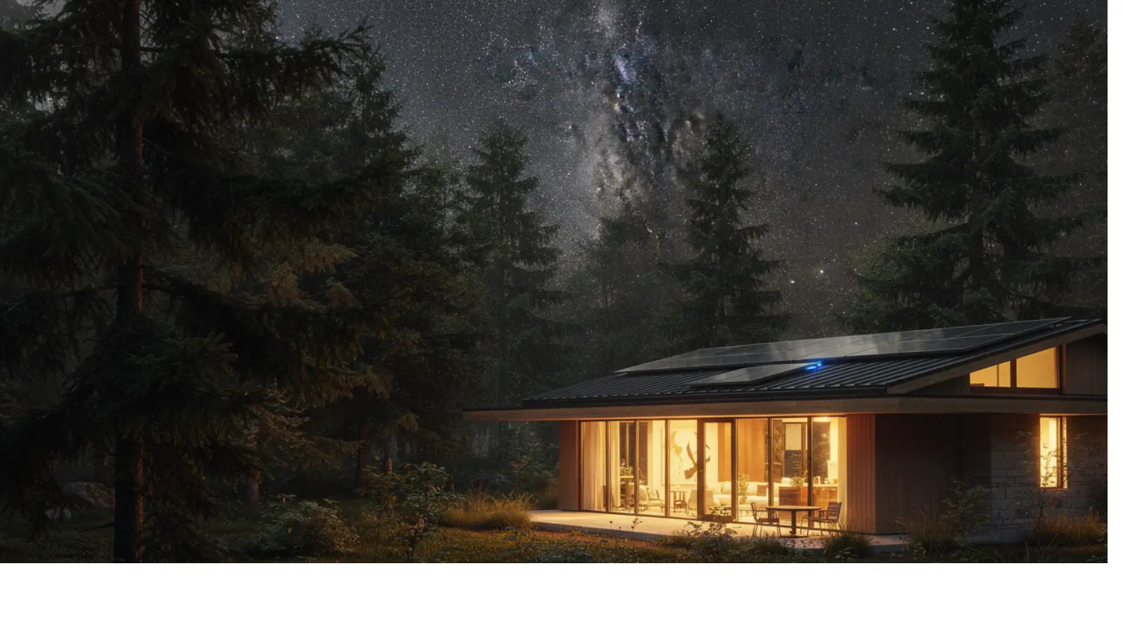 The Igloo at night — always-on, solar-and-battery powered, in the evergreen woods